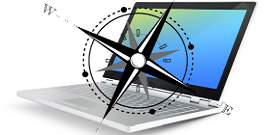 Logo konferencji przedstawiające otwarty laptop z nałożoną na niego różą wiatrów