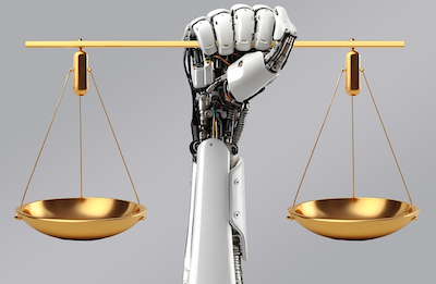 Rysunek ręki robota trzymającego wagę szalkową