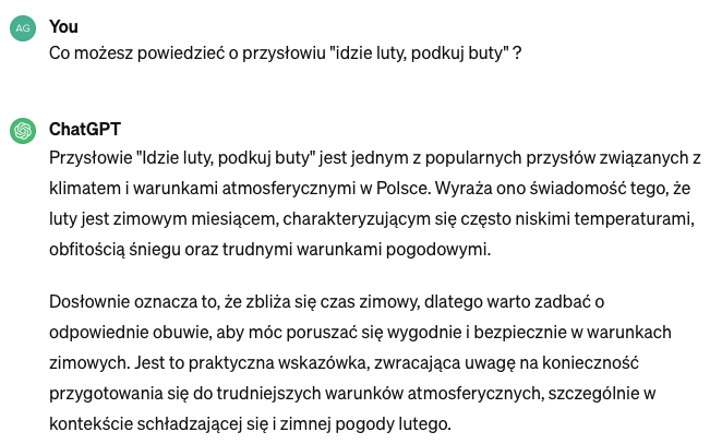 Rozmowa z ChatGPT o znaczeniu przysłowia "Idzie luty, podkuj buty"