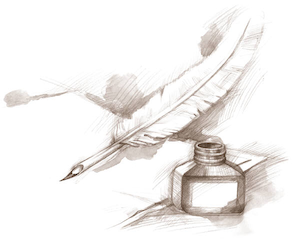 Szkic przedstawiający pióro i kałamarz