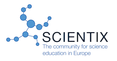 Logo Scientix - stylizowany ludzik z niebieskich kulek i nazwa projektu